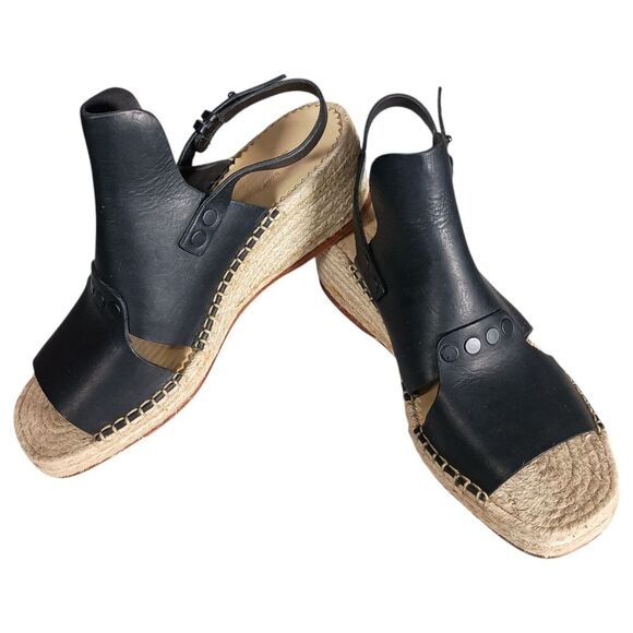 Rag & Bone Sandals 8.5 Womens Black Leather Espadrille Wedge Mid Casual Toe - Picture 6 of 9